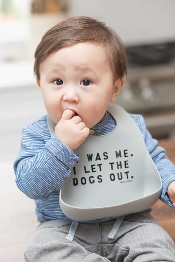 Baby Bib for Eating by Bella Tunno, Waterproof Silicone Bib with Large Food Catcher, Adjustable Fit for Babies 4-12 months & Toddlers 1-3 Years, Boys & Girls, Let The Dogs Out-CubbioJoy