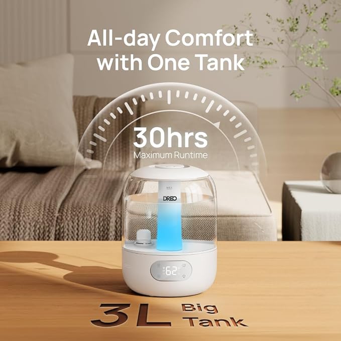 Dreo Humidifiers for Bedroom, 3L Top Fill 30H & 26dB Quiet Runtime for Large Room, Cool Mist Ultrasonic Humidifier with Humidity Sensor, Night Light for Home, Baby, Nursery, Plants, 360° Nozzle, White-CubbioJoy