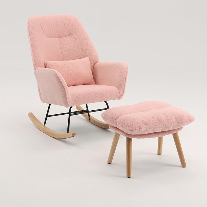 Boucle Rocking Chair with Ottoman and Pillow, Sherpa Furry Accent Arm Chair Lounger, Teddy Fabric Glider Rocker Chair for Living Room/Bedroom/Nursery, High Back, Pink-CubbioJoy