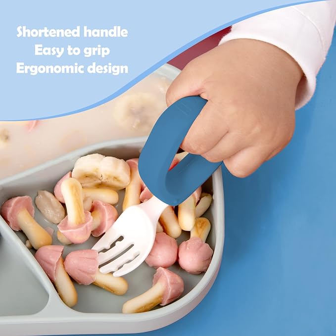 Baby Self Feeding Training Spoon and Fork Set with Travel Case, BPA-Free Cute Circle Toddler Training Utensils, Silicone/ABS Great Tableware Set Spoons Fork for Kids(Blue & Light blue)-CubbioJoy