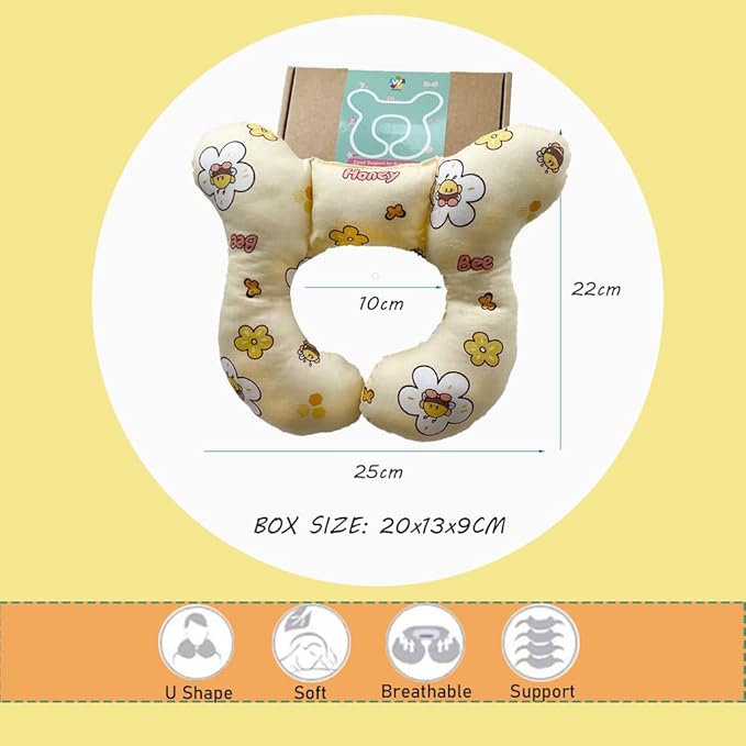 Baby Neck Pillows, Comfortable Baby Travel Head Neck Support Pillow for Car Seat Stroller Pushchair, Soft PP Cotton Travel Pillow for 0-1 Year Old Toddler Infant Newborn, Bee-CubbioJoy