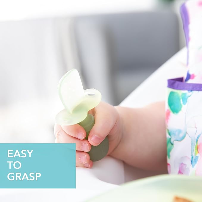 Bumkins Baby Utensils Set, Chewtensils Silicone Spoons for Dipping, Self-Feeding, Baby Led Weaning, Trainer Learning, First Stage Eating, Soft Practice Fork and Spoon, Babies 6 Months, Green Jelly-CubbioJoy