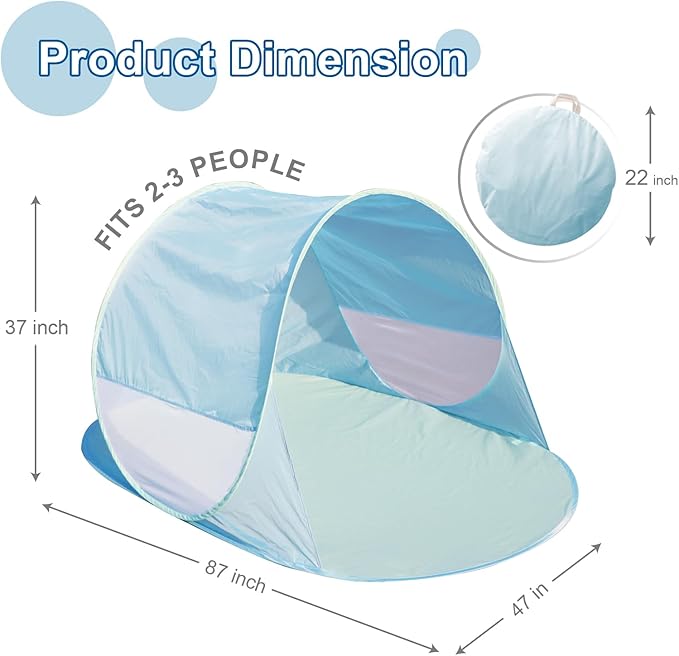 Action Air UPF 50+ Pop Up Beach Tent for 2-3 People, Instant Sun Shelter with 360°Ventilation, Water-Resistant Canopy, Lightweight & Portable Sun Shade for Beach, Camping, Sports (Blue)-CubbioJoy