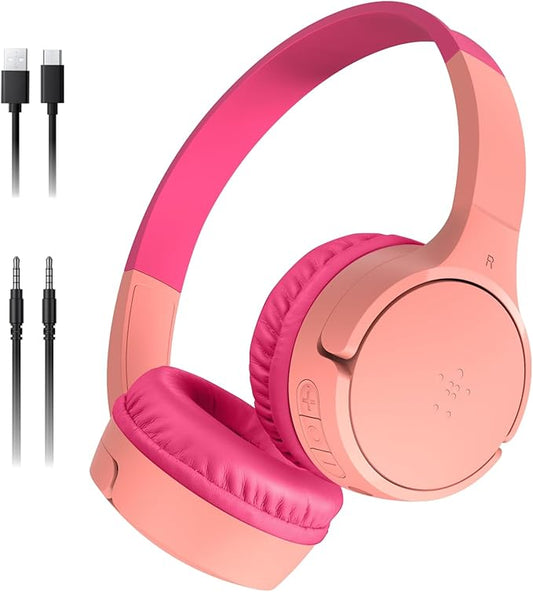 Belkin SoundForm Mini - Wireless Bluetooth Kids Headphones with 30H Battery Life, 85dB Safe Volume Limit, Built-in Microphone - Kids On-Ear Earphones for iPhone, iPad, Fire Tablet & More - Pink-CubbioJoy