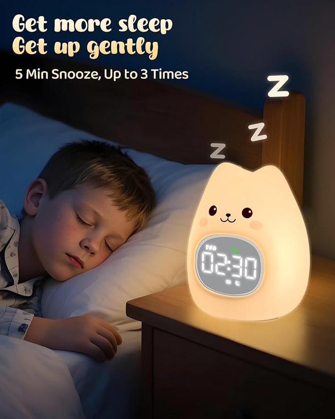 Cat Alarm Clock for Kids with Night Light, Sleep Training Clock Time to Wake Clock, Rechargeable Silicone Light for Bedroom, Perfect Sleep Companion for Boys Girls-CubbioJoy