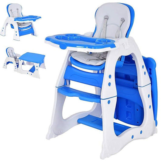 Costzon Baby High Chair, 3 in 1 Infant Table and Chair Set, Convertible Booster Seat with 3-Position Adjustable Feeding Tray, Adjustable Seat Back, 5-Point Harness (Blue)-CubbioJoy
