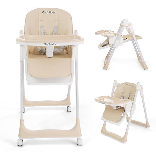 3-in-1 Foldable High Chair for Babies & Toddlers – Adjustable Height, Reclining Seat, 5-Point Safety Harness, Removable Tray, Lockable Wheels and Washable Cushion, Beige-CubbioJoy