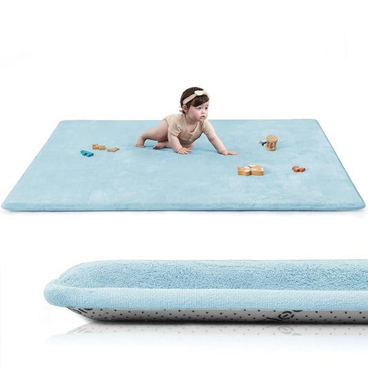 Baby Play Mat for Floor,1.3" Thick Elasti-Foam 50"×74" Playpen Mat for Tummy Time,Water Repellent Soft Coral Velvet for Toddler,Infant,Kids,Non-Slip Backing Safe for Crawling(Light Blue)-CubbioJoy