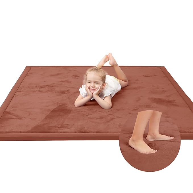 Baby Play Mat for Floor,1.3" Thick Memory foam Tummy Time Mat,Water Repellent Soft Coral Velvet Nursery Rug,Extra Large Non Slip for Crawling,Toddlers,Infants,kids,Tatami Style for Living Room(Brick)-CubbioJoy