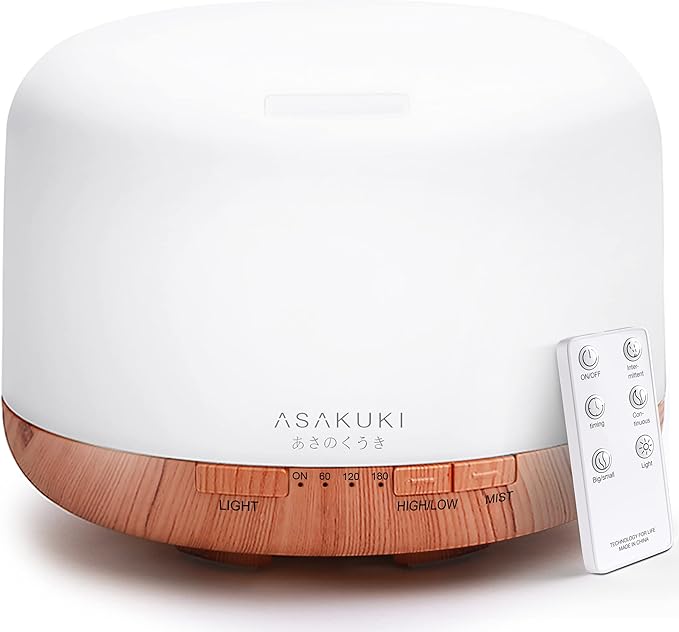 ASAKUKI Essential Oil Diffuser 500ml, Ultrasonic Aromatherapy Humidifier with Remote Control, 7 LED Colors, Timer & Auto-Off, Large Room Diffuser-CubbioJoy