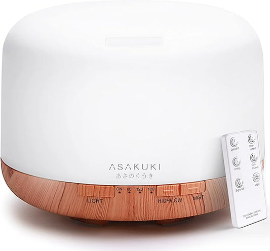 ASAKUKI Essential Oil Diffuser 500ml, Ultrasonic Aromatherapy Humidifier with Remote Control, 7 LED Colors, Timer & Auto-Off, Large Room Diffuser-CubbioJoy