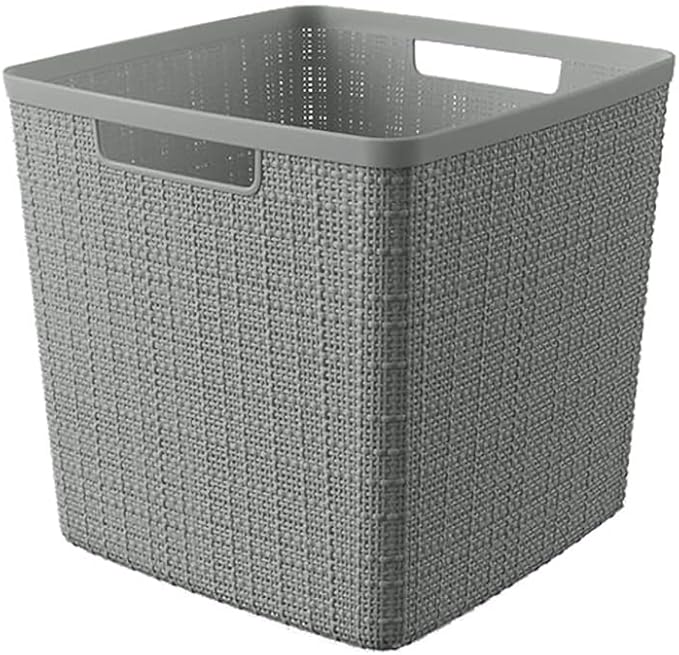 Curver Set of 4 Jute Large Cube Decorative Plastic Organization and Storage Baskets, Perfect Bins for Home Office, Closet Shelves, Kitchen Pantry and All Bedroom Essentials, Grey-CubbioJoy