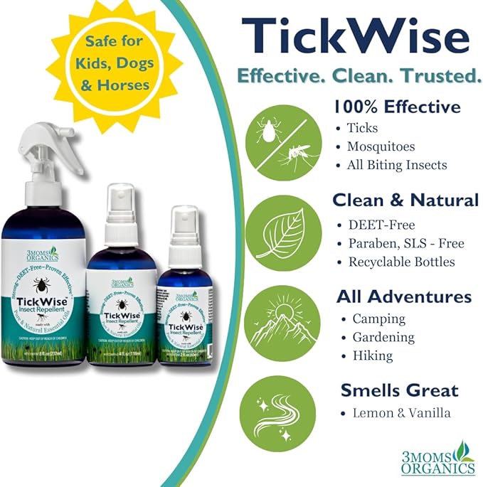 3 Moms Organics TickWise | DEET- Free, Tick and Insect Repellent | Plant Based Essential Oils and All Natural Ingredients | Safe for Kids, Adults, Dogs and HorsesTrio 8oz,4oz,2oz-CubbioJoy