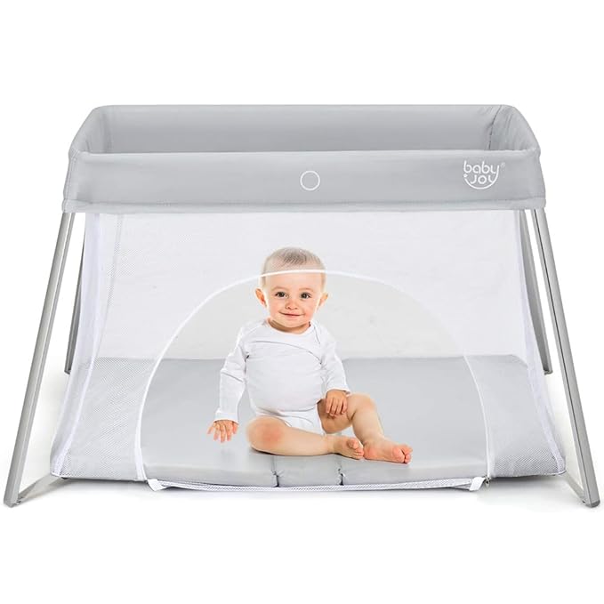 BABY JOY 2 in 1 Travel Crib with Side Zipper, Portable Baby Playard with Soft Washable Mattress, Installation-Free Home Playard with Carry Bag for Airplane, Lightweight Playpen for Infants &Toddlers-CubbioJoy