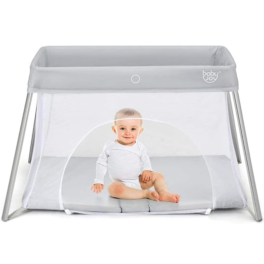 BABY JOY 2 in 1 Travel Crib with Side Zipper, Portable Baby Playard with Soft Washable Mattress, Installation-Free Home Playard with Carry Bag for Airplane, Lightweight Playpen for Infants &Toddlers-CubbioJoy