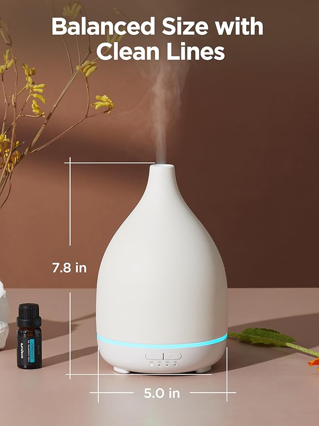 InnoGear Oil Diffuser, 300ML Ceramic Diffuser for Essential Oils Handcrafted Aromatherapy Diffuser Ultrasonic Cool Mist Humidifier with 4 Timers Waterless Auto Off for Room Office, White Base-CubbioJoy