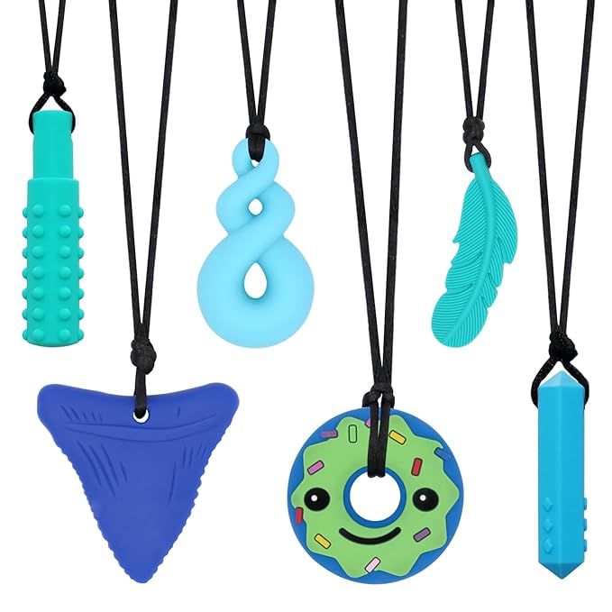 Chew Necklaces for Sensory Kids, 6 PCS Sensory Chew Necklaces for Boys Girls with ADHD, SPD, Autism, Chewing Needs, Silicone Chewy Necklaces Chew Toys for Adults Used for Reliving Anxiety and Stress-CubbioJoy