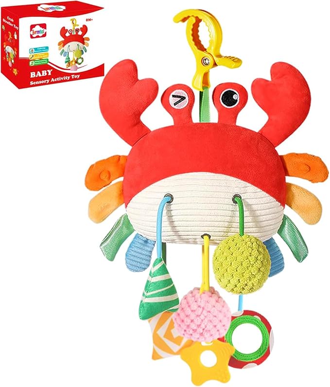 Car Seat Toys for Babies 0–12 Months, Hanging Infant Plush Rattle Toy with Mirror & Crinkle Clip-On Activity Toy for Car Seat, Stroller, Crib & Play Gym Baby Gift for Boys & Girls-CubbioJoy