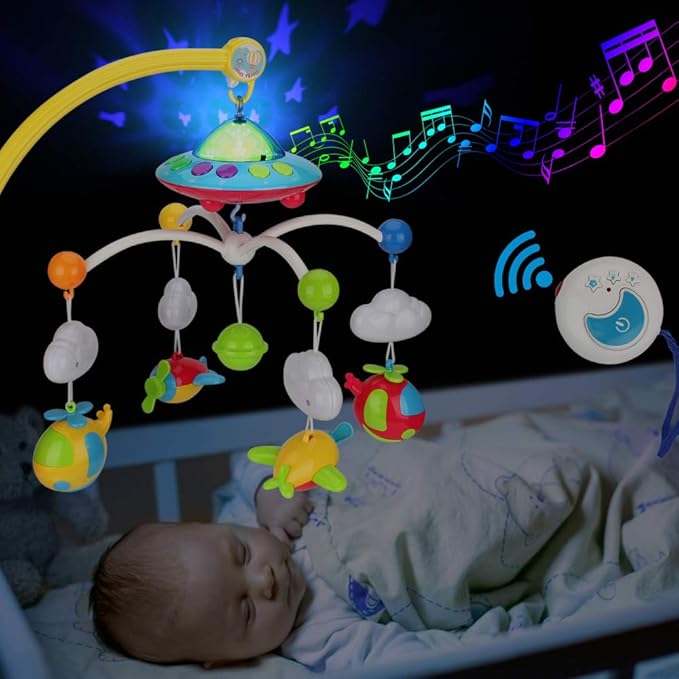 Baby Musical Crib Mobile with Hanging Rotating Toys, Remote Control, Lights Projector Function Music Box, Cartoon Rattles for Babies Boy Girl 0-24 Months, Newborn Sleep with 108 Melodies (Plane)-CubbioJoy