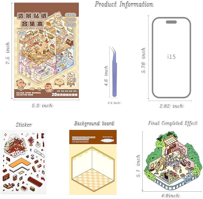 20 Sets DIY 3D Sticker Scenes for Adults Relief Stress, Cute Kawaii 3D House Sticker Therapy for Women Teen Girls Kids Pass The Time, Make Your Own Mini Room Scene Collection Book with Tweezer-CubbioJoy