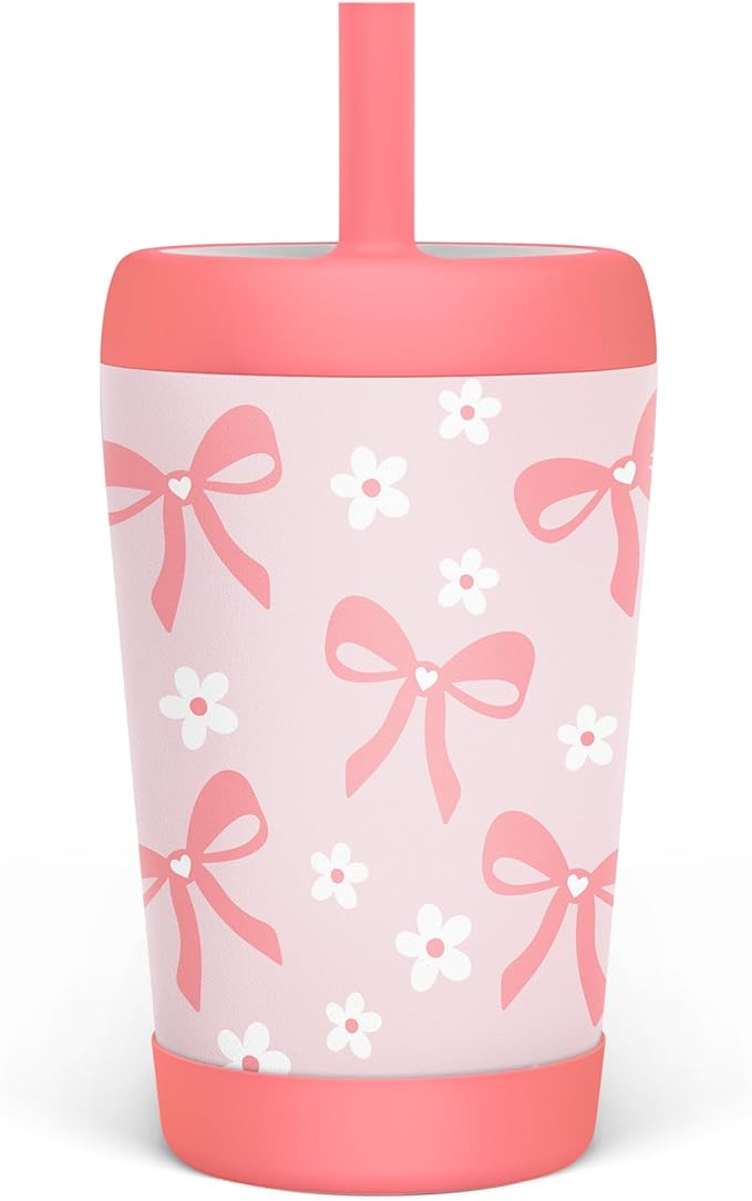 Kid Insulated Stainless Steel Tumbler with Silicone Straw, 12oz Sippy Cup for Kids (Pink Bows)-CubbioJoy