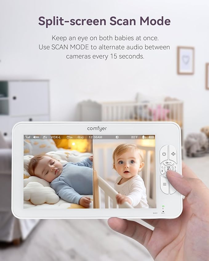 7" Split-Screen Baby Monitor with 2 1080P Cameras, 720P HD No WiFi Monitor with a Flexible Bracket, Video Baby Monitor with Camera and Audio, 2 Way Audio, Remote PTZ, Auto Night Vision-CubbioJoy
