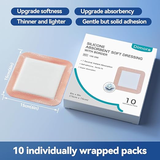 Dimora Silicone Super Absorbent Wound Dressings - Gentle Adhesive Bandages with Ultrasorb Polymer,Heavy Exudate Wound Care Pads 6"X 6" 10 Packs-CubbioJoy