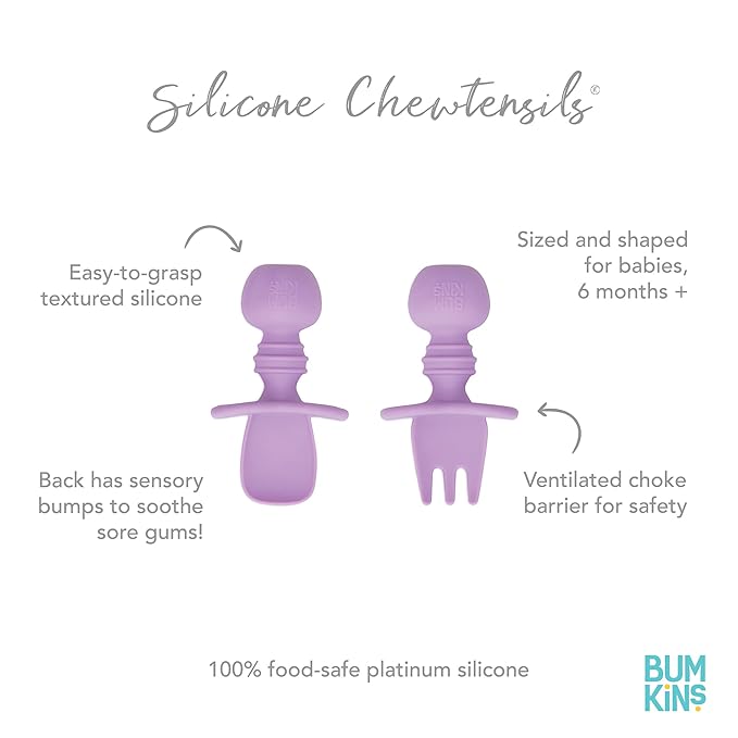 Bumkins Baby Utensils Set, Chewtensils Silicone Spoons for Dipping, Self-Feeding, Baby Led Weaning, Trainer Learning, First Stage Eating, Soft Practice Fork and Spoon, Babies 6 Months, Lavender-CubbioJoy
