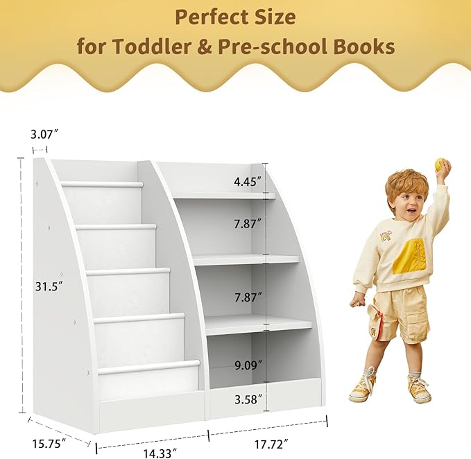 4 Tier Kids Bookshelf, 4 Layer Sling Kids Book Shelf for Kids Rooms,Wood Children Bookcase,Baby Storage Book Rack,Toddler Bookshelf, Book and Toy Organizer,Book Display Shelf for Bedroom, Nursery-CubbioJoy