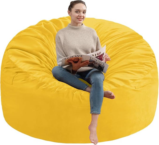4FT Bean Bag Chair, Large Bean Bag Chairs with Memory Foam Filled, Fluffy Beanbag Sofa with Dutch Velvet Cover, Round BeanBag Chairs for Living Room, Playroom - Lemon-CubbioJoy