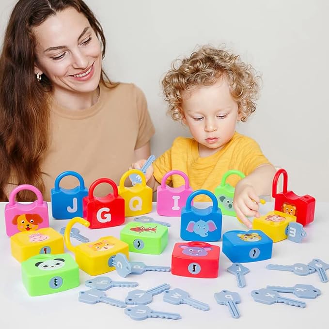 AXEARTE Montessori Educational Toys - Alphabet Learning Locks and Keys for Toddlers - 26 Locks & Keys Set - Baby Sensory Fine Motor Skills Toys - ABC Locks and Keys-CubbioJoy