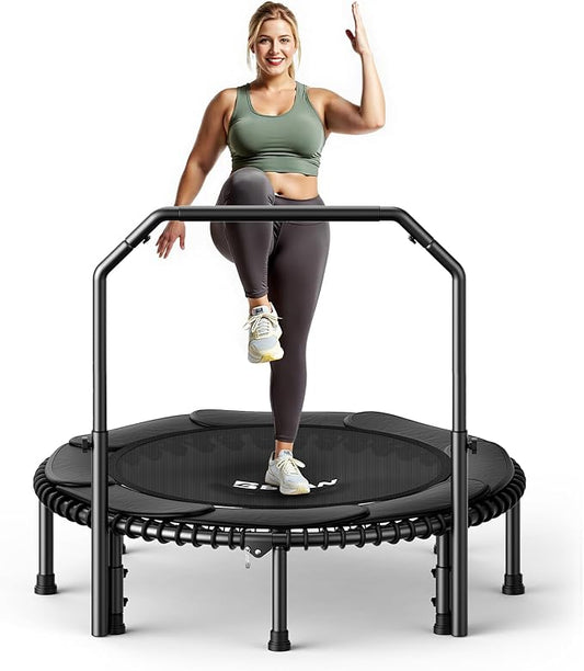 BCAN 40"/48" Mini Rebounder Trampoline for Adults with Bar, 450/550LBS Fitness Trampoline with Bungees, Adjustable Handle, Stable & Quiet, Indoor Outdoor, Whole-Body Workout & Relaxation at Home-CubbioJoy