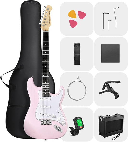 DONNER DST-80 Electric Guitar 39” Beginner Electric Guitar Kit with Amp, Classic SSS Pickup Complete with Gig Bag, Tuner, Capo, Strap, Picks, and Free Online Lessons-CubbioJoy