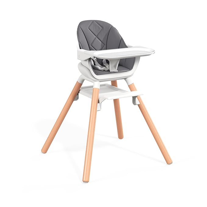 Baby High Chair, Highchair for Baby & Toddler, Easy Clean Infant Highchair, 6 in 1 Feeding High Chair with Removable Double Tray and Waterproof PU Cushion, Wooden Legs, Grey-CubbioJoy