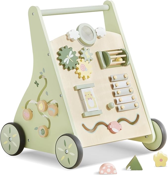 Beright Wooden Baby Walker Push and Pull Learning Activity Walker Kids’ Activity Toy Multiple Activities Center Develops Motor Skills & Stimulates Creativity(Green)-CubbioJoy