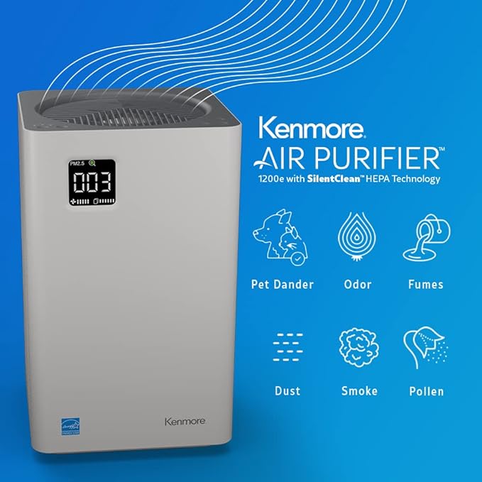 Kenmore PM2010 Air Purifiers with H13 True HEPA Filter, Covers Up to 1200 Sq.Foot, 24db SilentClean 3-Stage HEPA Filtration System, 5 Speeds for Home Large Room, Kitchens & Bedroom, PM2010-CubbioJoy