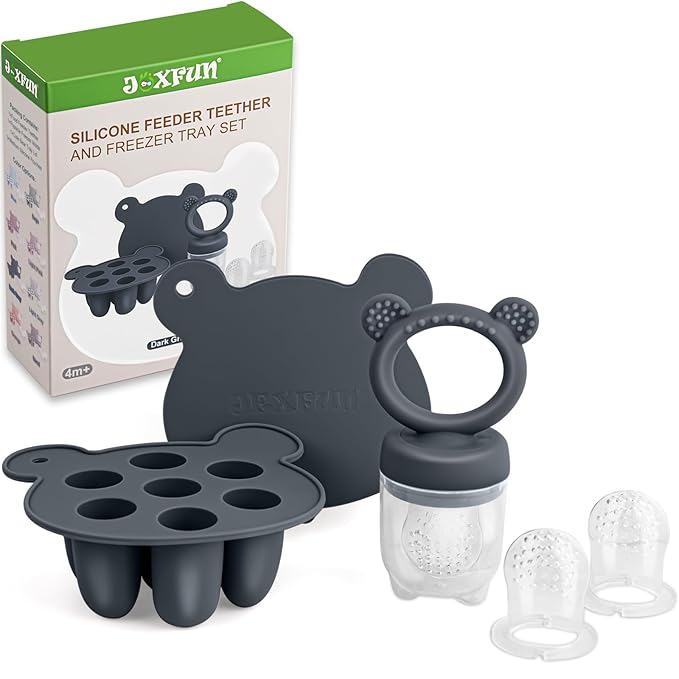 JEXFUN Silicone Baby Food Feeders + Freezer Tray for Batch Prep, Introduce New Foods Safely, Double as Silicone Teething Toys, BPA Free Silicone Feeder for Safe Infant Self Feeding - (Dark Grey)-CubbioJoy