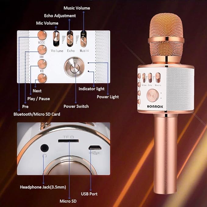 BONAOK Wireless Bluetooth Karaoke Microphone,3-in-1 Portable Handheld Karaoke Mic Speaker Machine Home Party Birthday for All Smartphones PC(Q37 Rose Gold)-CubbioJoy