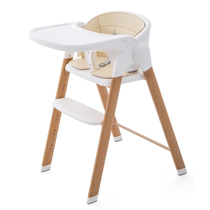 Convertible High Chairs for Babies & Toddlers. 5-in-1 Adjustable High Chair with Removable Tray, Easy to Clean, Portable (White Khaki)-CubbioJoy