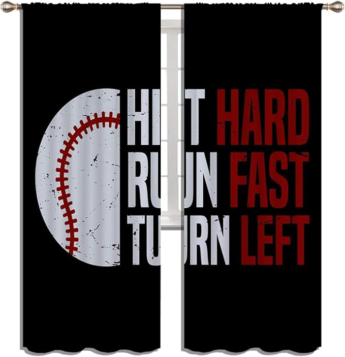 Baseball Blackout Curtains for Boy Girl Room Darkening Decor,Sport Theme Red and White Motto Dark Bedroom Living Room Home Rod Pocket Thermal Insulated Window Curtain/Drapes Panel,84x63 Inch…-CubbioJoy