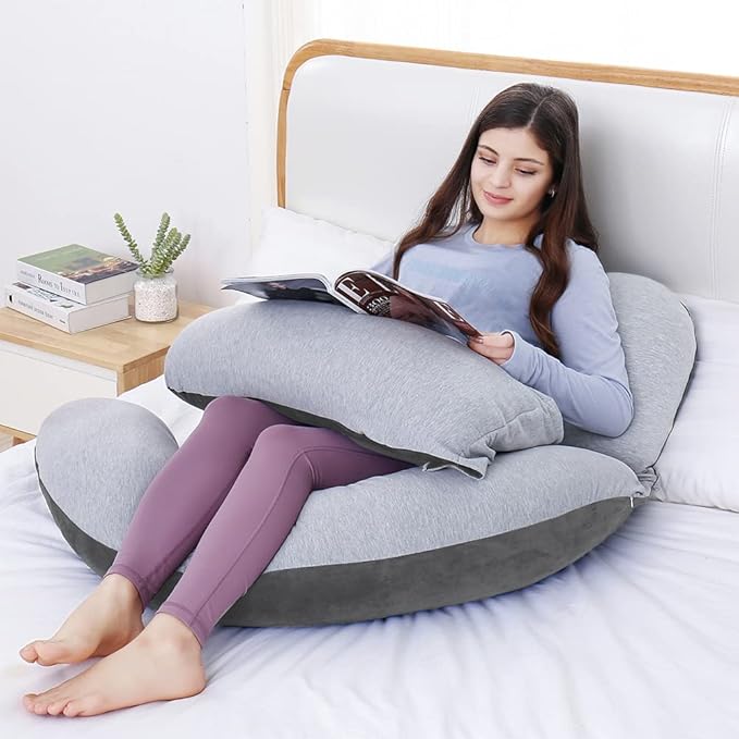AS AWESLING 60in Full Body Pillow | Nursing, Maternity and Pregnancy Pillow | Extra Large U Shape Pillows with Detachable Side, Separate Support Pillow and Removable Cover (Velvet and Jersey Grey)-CubbioJoy