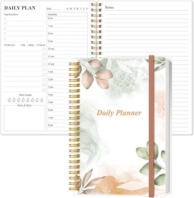 Daily Planner Undated - A5 To Do List Notebook Hourly Schedules, Spiral Appointment Planner for Women and Men, PVC Hardcover, Inner Pocket, Elastic Closure, 5.8" x 8.3", Rose Leaf-CubbioJoy