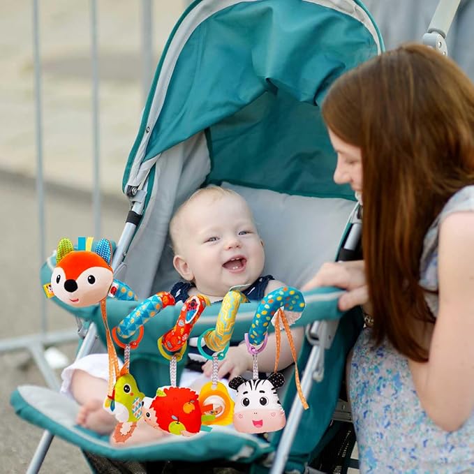 Baby Car Seat Toys, Infants Activity Spiral Plush Toys for Babies 0-6 Months Hanging Stroller Toy Gift for Infant Boys and Girls 0 3 6 12 Months Newborn Sensory Toy with Rattles Squeaker Music - Fox-CubbioJoy