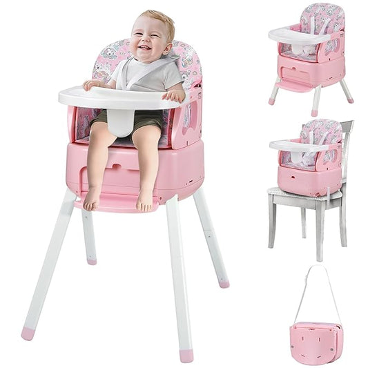 4 in 1 Portable Baby High Chair,Convertible Highchair for Babies & Toddlers-Foldable Infant Booster Seat,Carry Small Box,Dining Chair,Toddler High Chair with 5-Point Harness,Removable Tray-Pink-CubbioJoy