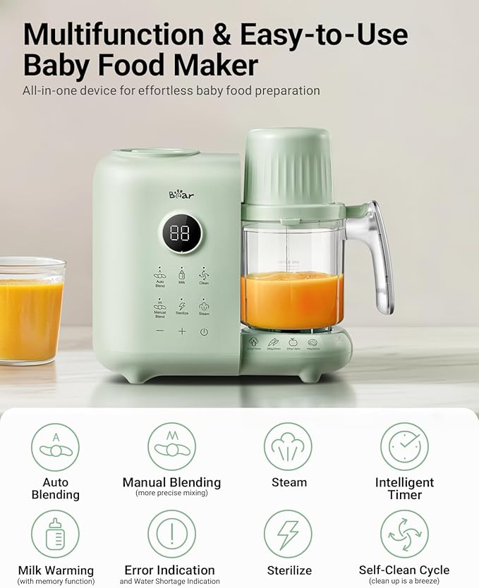 Bear Baby Food Maker with Two Layer Steam Baskets, Multifunction Baby Food Processor Steamer Puree Blender, Baby Food Mill with Bottle Warming Sterili-zing Auto Cleaning Function, BPA-Free-CubbioJoy