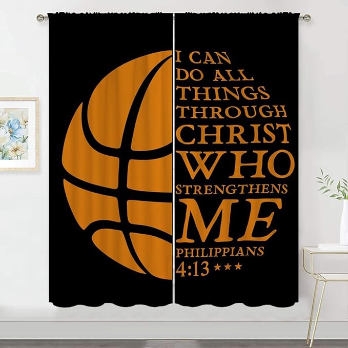 Basketball Blackout Curtains for Boy Girl Room Darkening Decor,Sport Theme and Motto Dark Background Bedroom Living Room Home Rod Pocket Thermal Insulated Window Curtain/Drapes Panel,42x45 Inch…-CubbioJoy