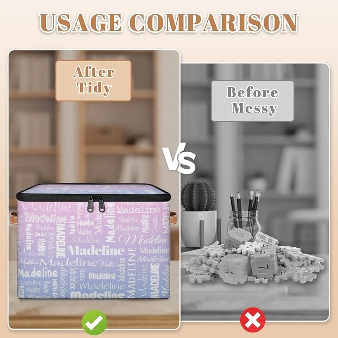 Custom Storage Basket with Name, Personalized Storage Bins with Zipper Lid, Foldable Fabric Storage Box Large capacity with Handle Pink Purple-CubbioJoy