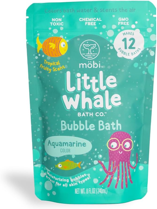 Mobi Little Whale Bubble Bath, Tropical Fruity Scent Kids Body Wash, Gentle Moisturizing Tub Foam for All Skin Type, GMO-Free, Stain-Free, Fun Aquamarine Color, 8 fl oz-CubbioJoy