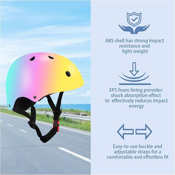 Color Gradient Adjustable Kids' Helmet with Knee & Elbow Pads Set | Multi-Sport Safety Gear for Boys & Girls Ages 5-14 | Skateboarding, Scooters, Roller & Inline Skating, Longboarding-CubbioJoy