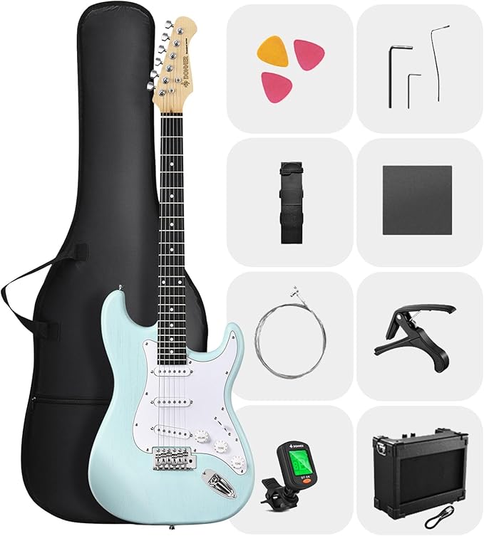 DONNER DST-80 Electric Guitar 39” Beginner Electric Guitar Kit with Amp, Classic SSS Pickup Complete with Gig Bag, Tuner, Capo, Strap, Picks, and Free Online Lessons-CubbioJoy